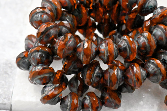 Czech Glass Beads 8x10mm Saturn Alloy Rusty Orange with Picasso Finish, 6pc Main Image