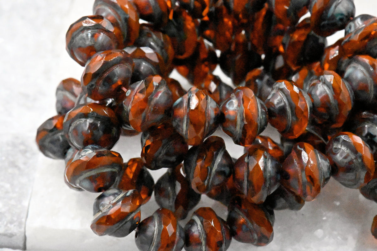 15pc Czech Glass Beads 8x10mm Saturn Alloy Rusty Orange with Picasso Finish