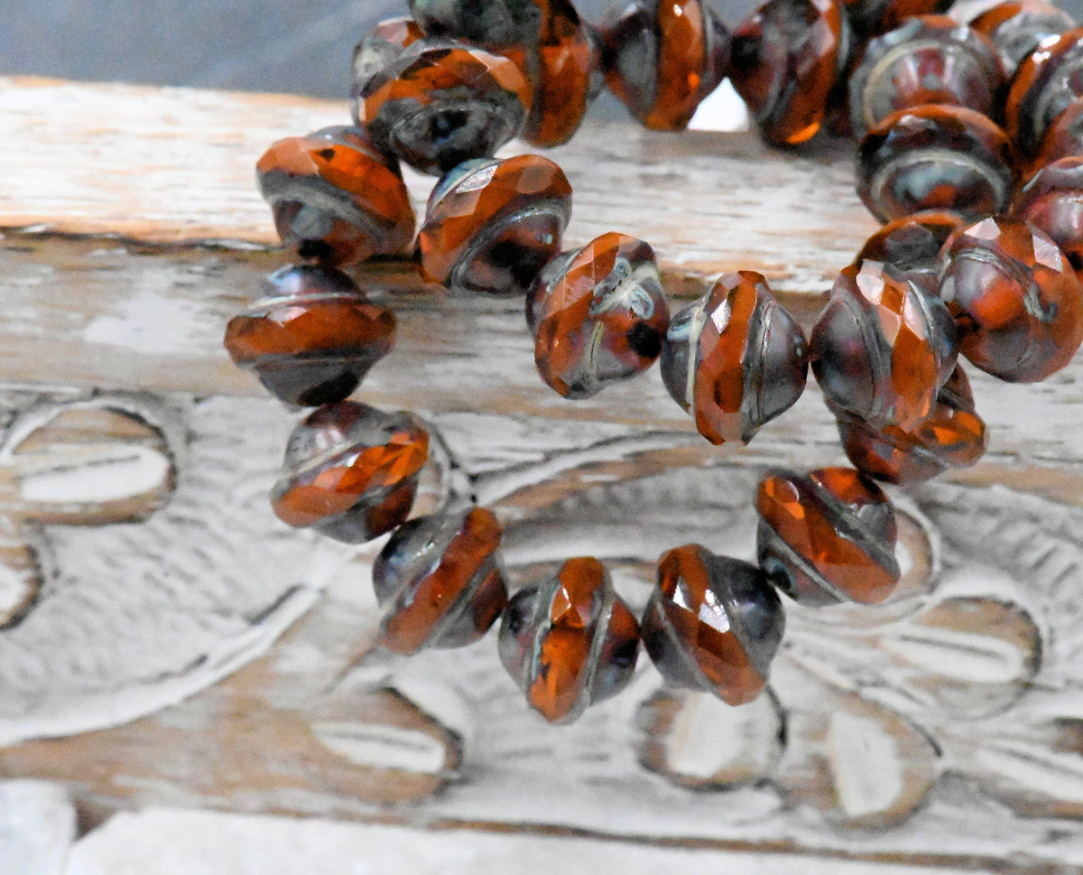 Czech Glass Beads 8x10mm Saturn Alloy Rusty Orange with Picasso Finish, 6pc