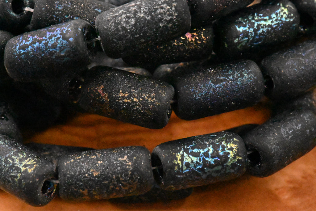 14x7mm Large Hole Tube Mystical Etched Finish Czech Beads 10pc