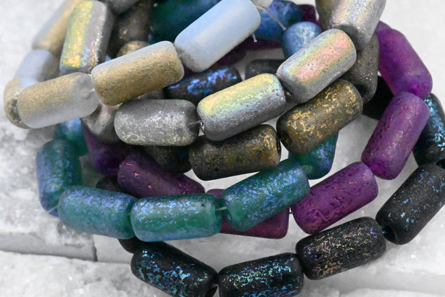 14x7mm Large Hole Tube Mystical Etched Finish Czech Glass 5pc Hover Image