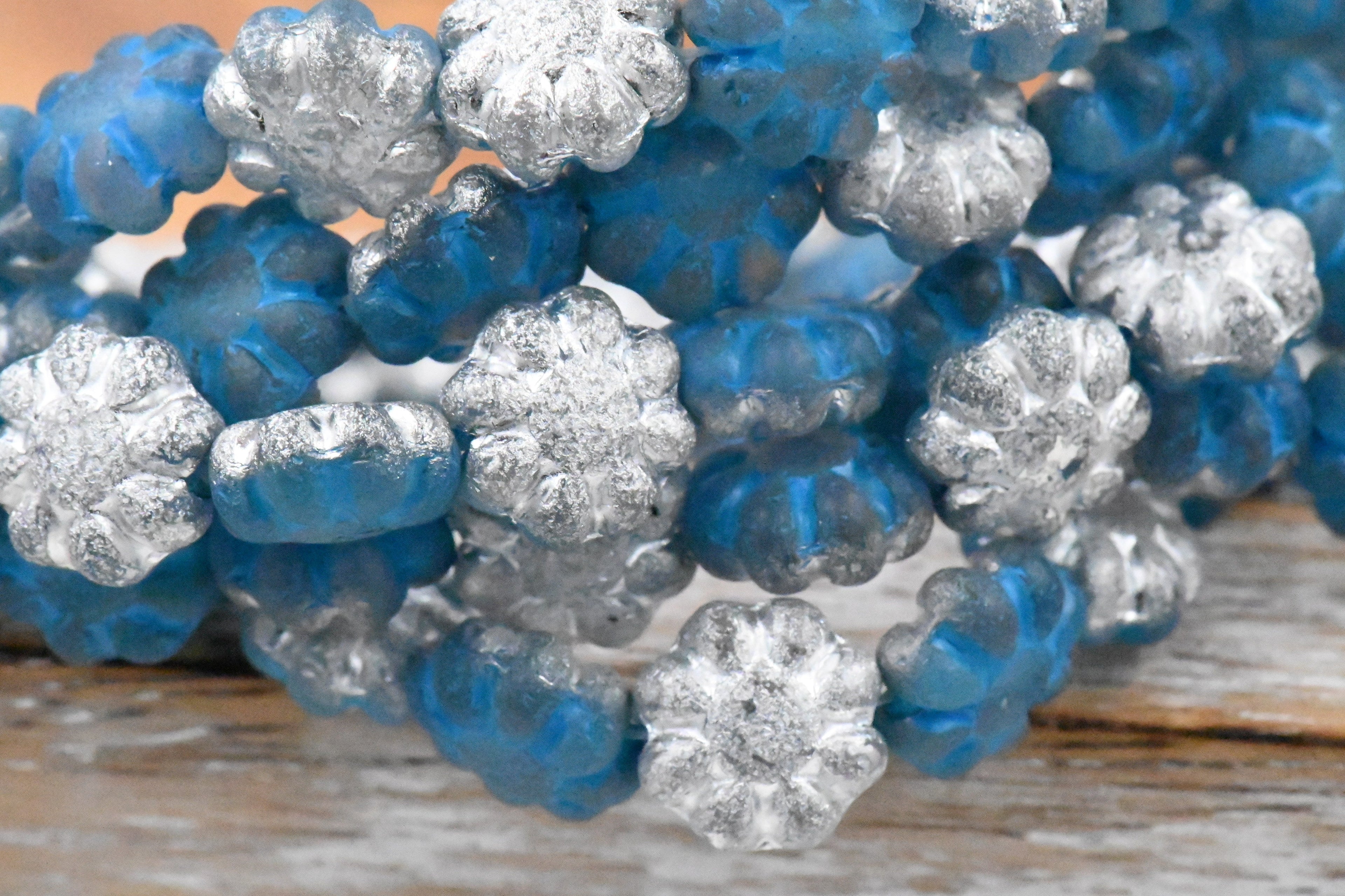 9mm Cactus Flower Pacific Blue with Etched and Silver Finishes with a Turquoise Wash Czech Glass 12pc