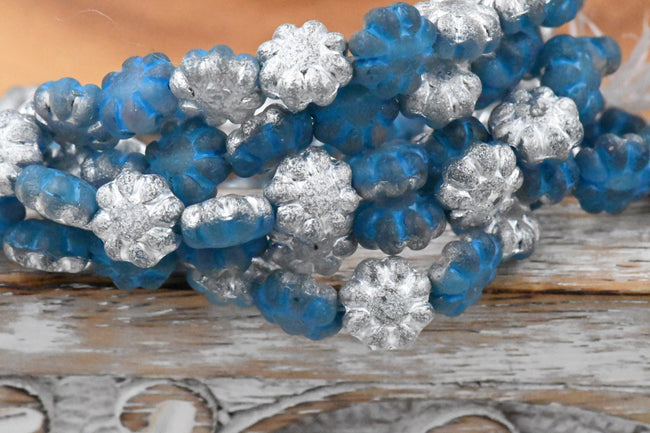 9mm Cactus Flower Pacific Blue with Etched and Silver Finishes with a Turquoise Wash Czech Glass 12pc Hover Image