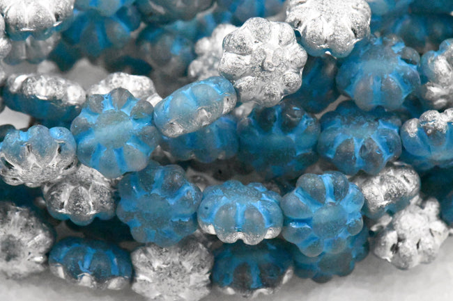 9mm Cactus Flower Pacific Blue with Etched and Silver Finishes with a Turquoise Wash Czech Glass Hover Image
