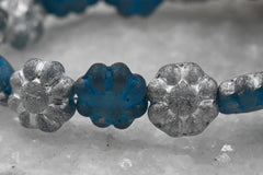 9mm Cactus Flower Pacific Blue with Etched and Silver Finishes with a Turquoise Wash Czech Glass 12pc