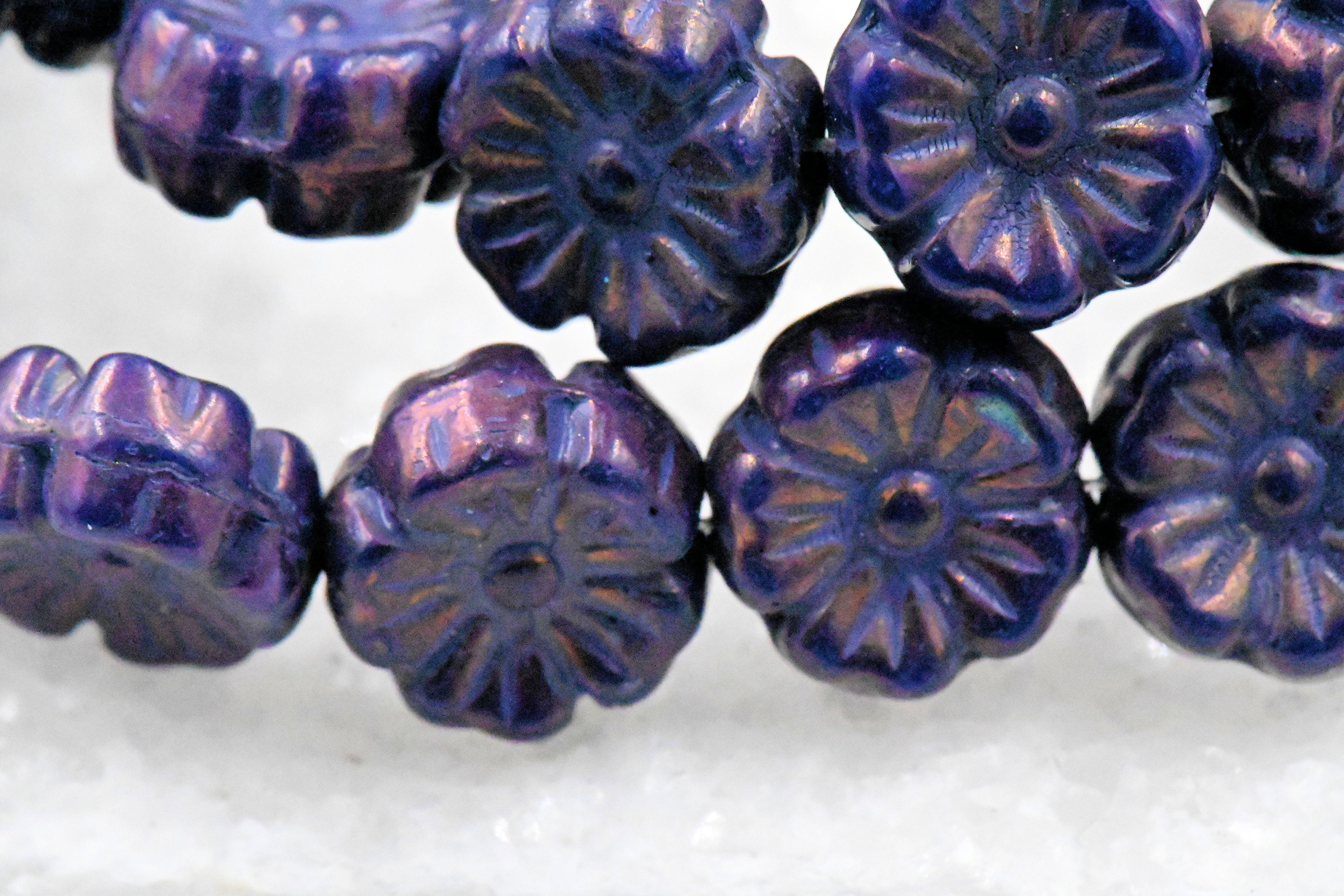 Czech Beads 9mm Hibiscus Flower Indigo with Bronze and Purple Finishes-8pc