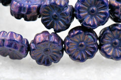 Czech Beads 9mm Hibiscus Flower Indigo with Bronze and Purple Finishes-16pc