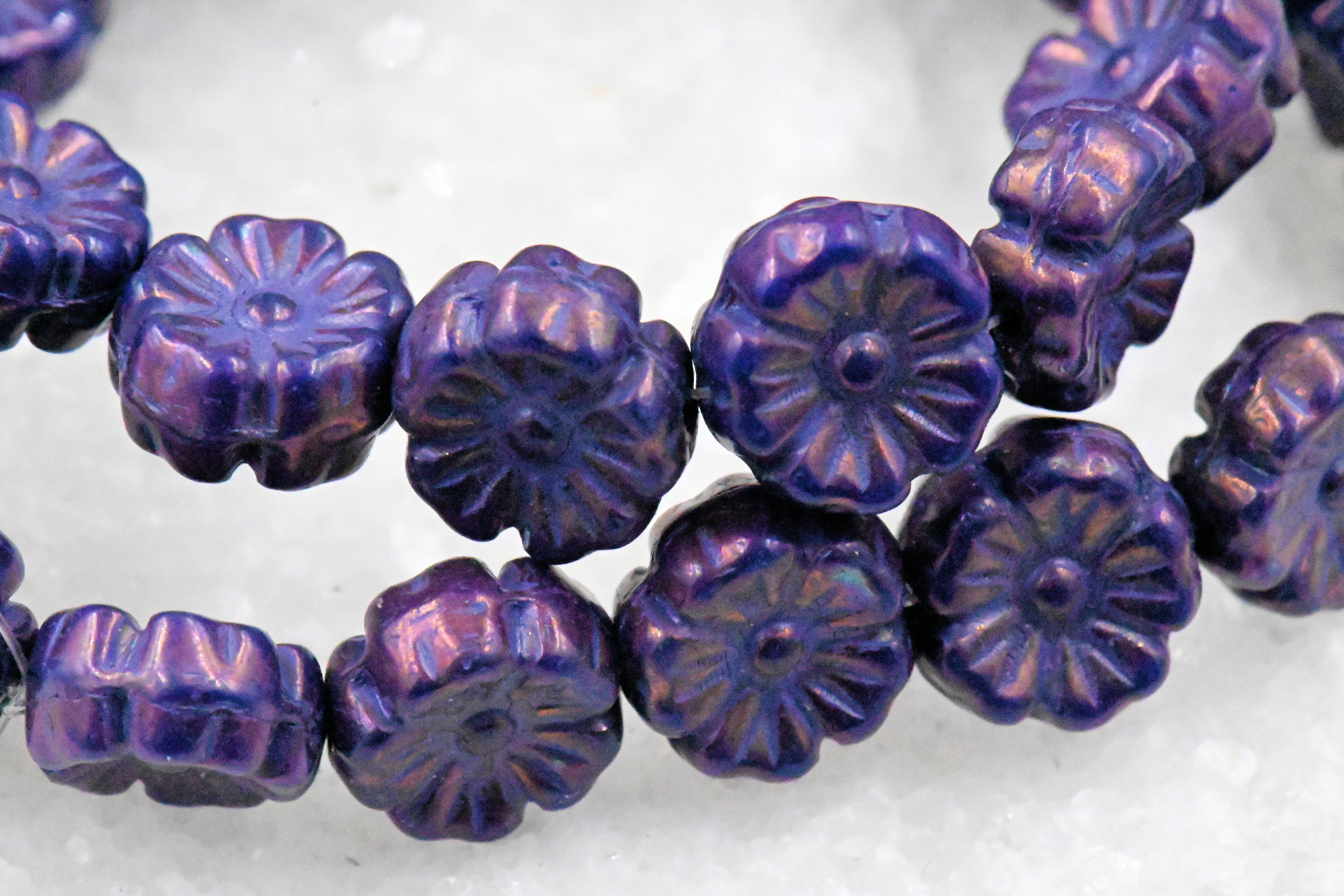 Czech Beads 9mm Hibiscus Flower Indigo with Bronze and Purple Finishes-16pc