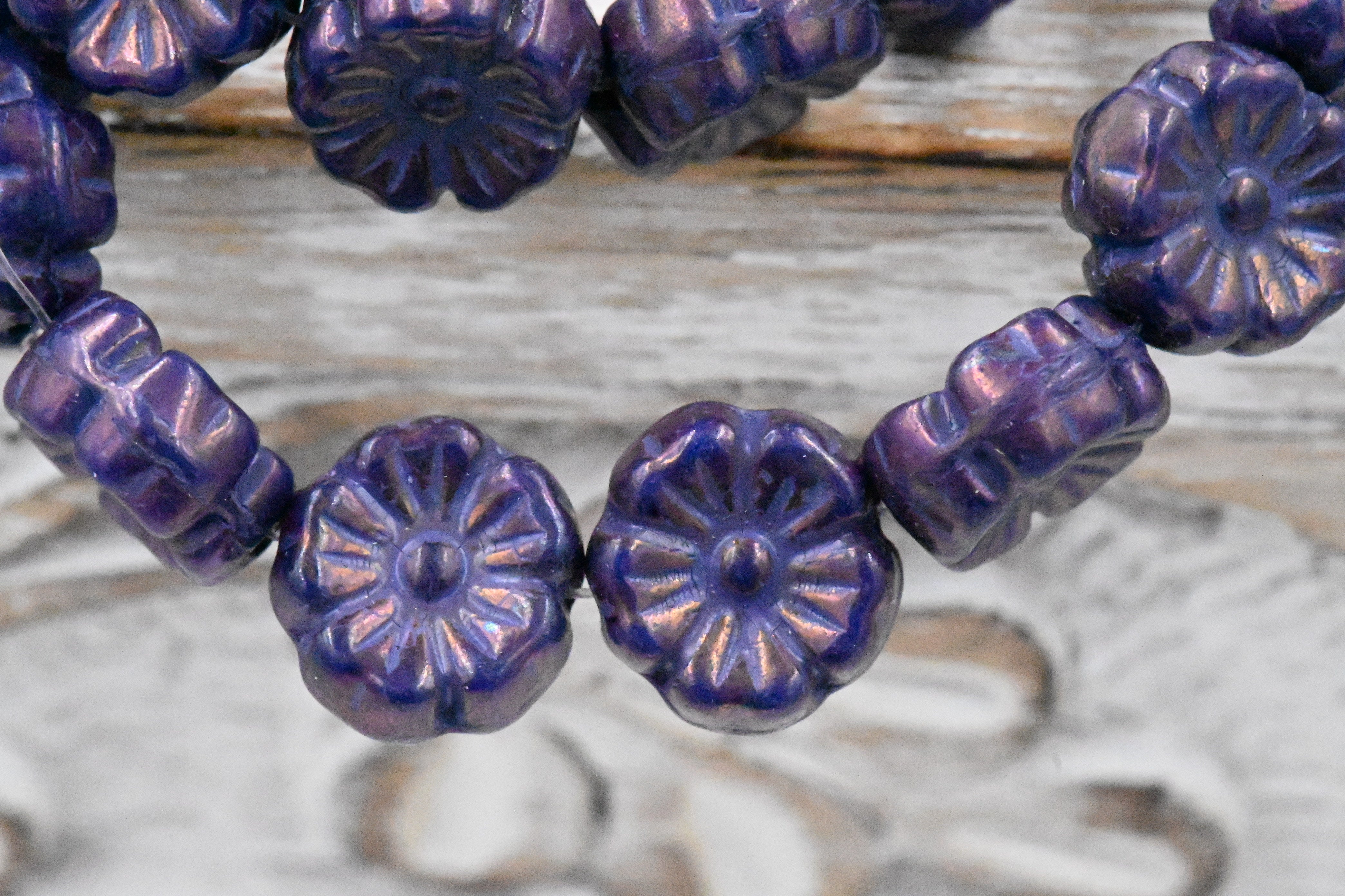 Czech Beads 9mm Hibiscus Flower Indigo with Bronze and Purple Finishes-16pc