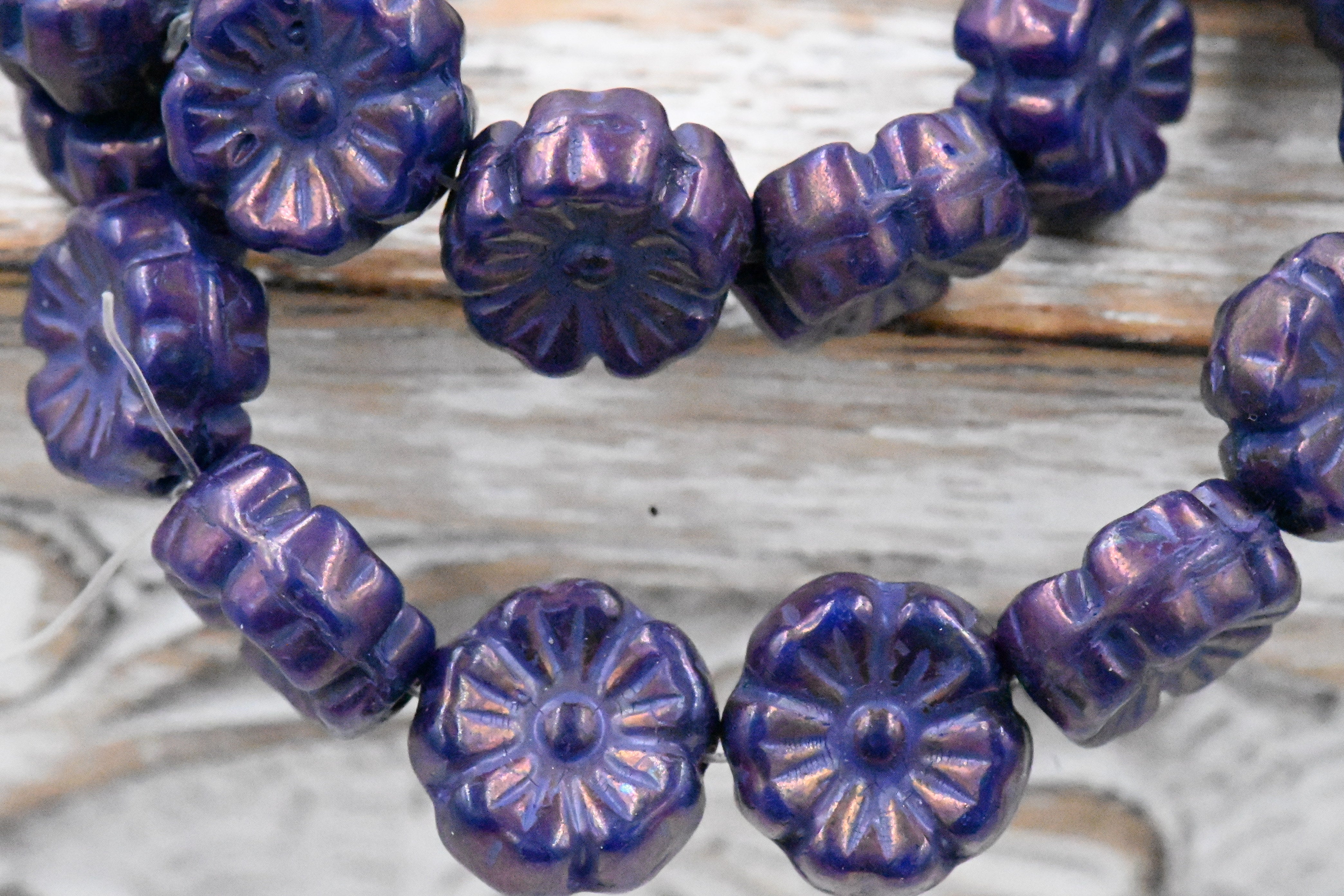 Czech Beads 9mm Hibiscus Flower Indigo with Bronze and Purple Finishes-16pc