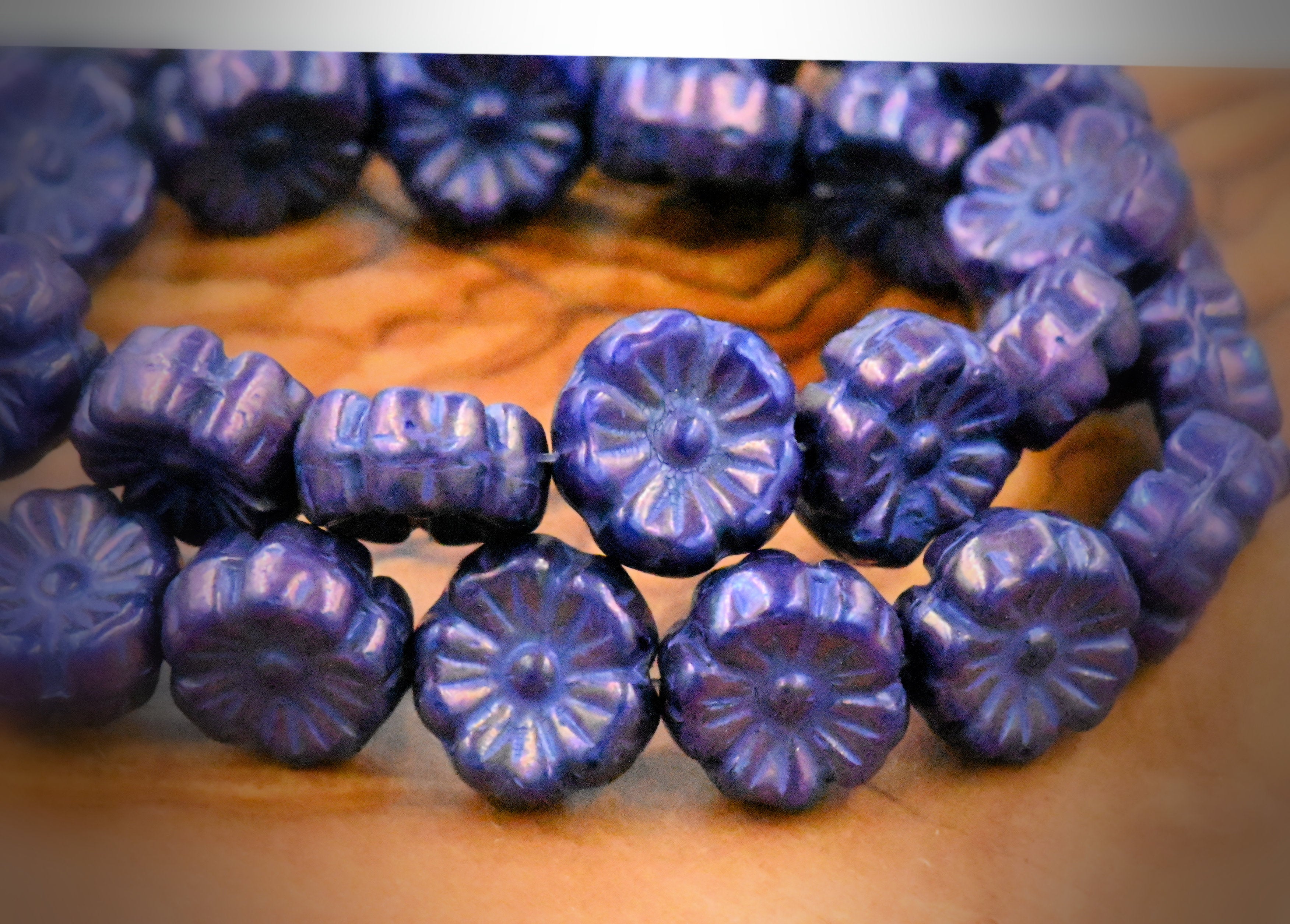 Czech Beads 9mm Hibiscus Flower Indigo with Bronze and Purple Finishes-16pc