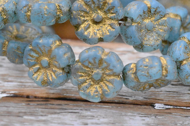 9mm Hibiscus Flower Czech 8pc Blue with an Etched Finish and a Gold Wash Main Image