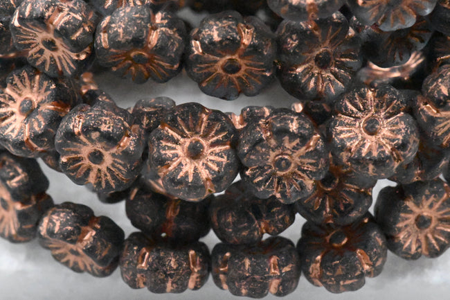 Czech Beads 9mm Hibiscus Flower Grey with an Etched Finish and a Copper Wash 8pc Hover Image