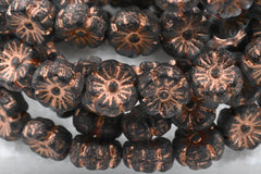 Czech Beads 9mm Hibiscus Flower Grey with an Etched Finish and a Copper Wash 8pc