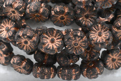 Czech Beads 9mm Hibiscus Flower Grey with an Etched Finish and a Copper Wash 16pc