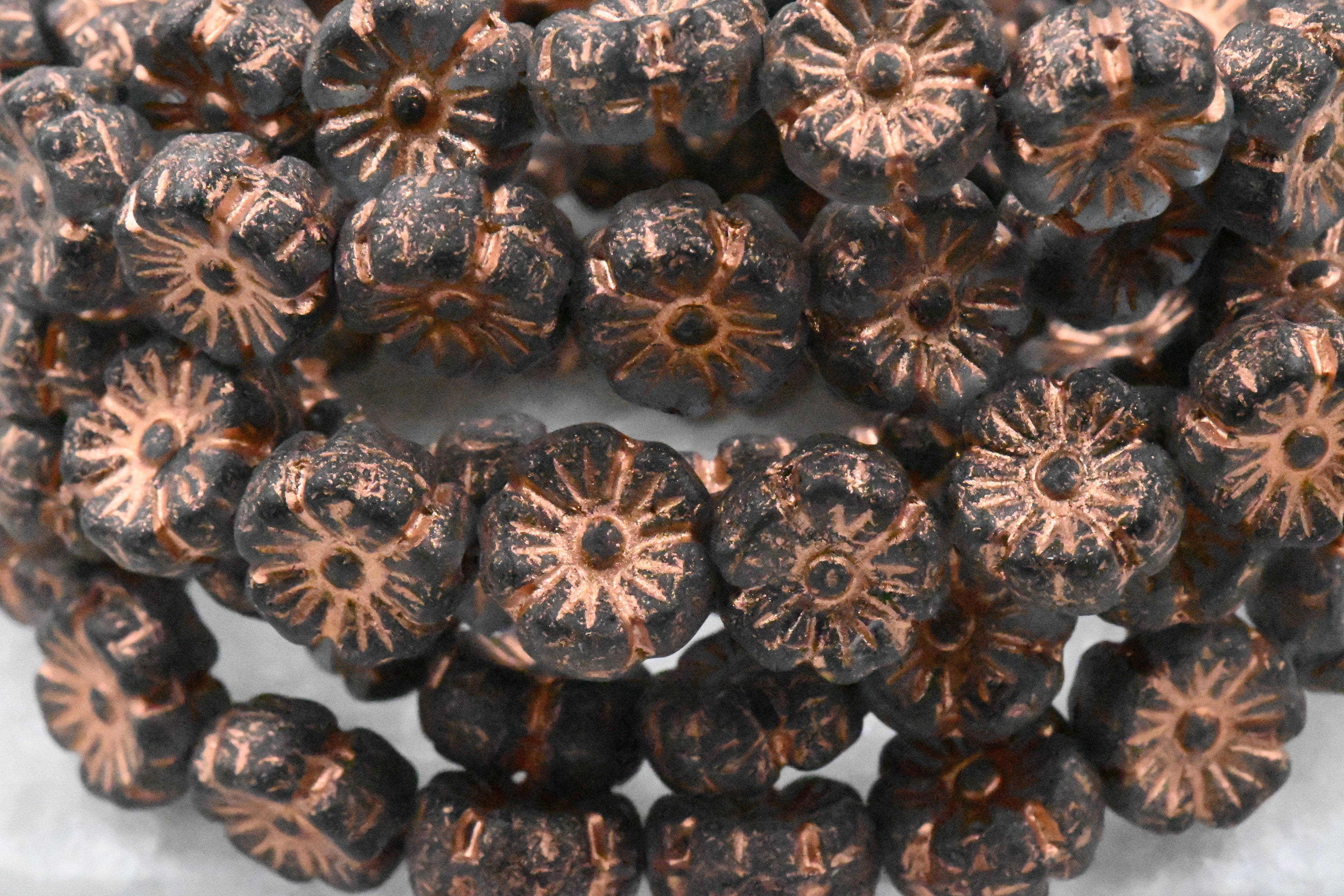 Czech Beads 9mm Hibiscus Flower Grey with an Etched Finish and a Copper Wash 8pc