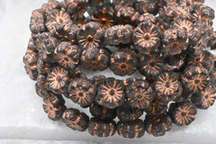 Czech Beads 9mm Hibiscus Flower Grey with an Etched Finish and a Copper Wash 8pc