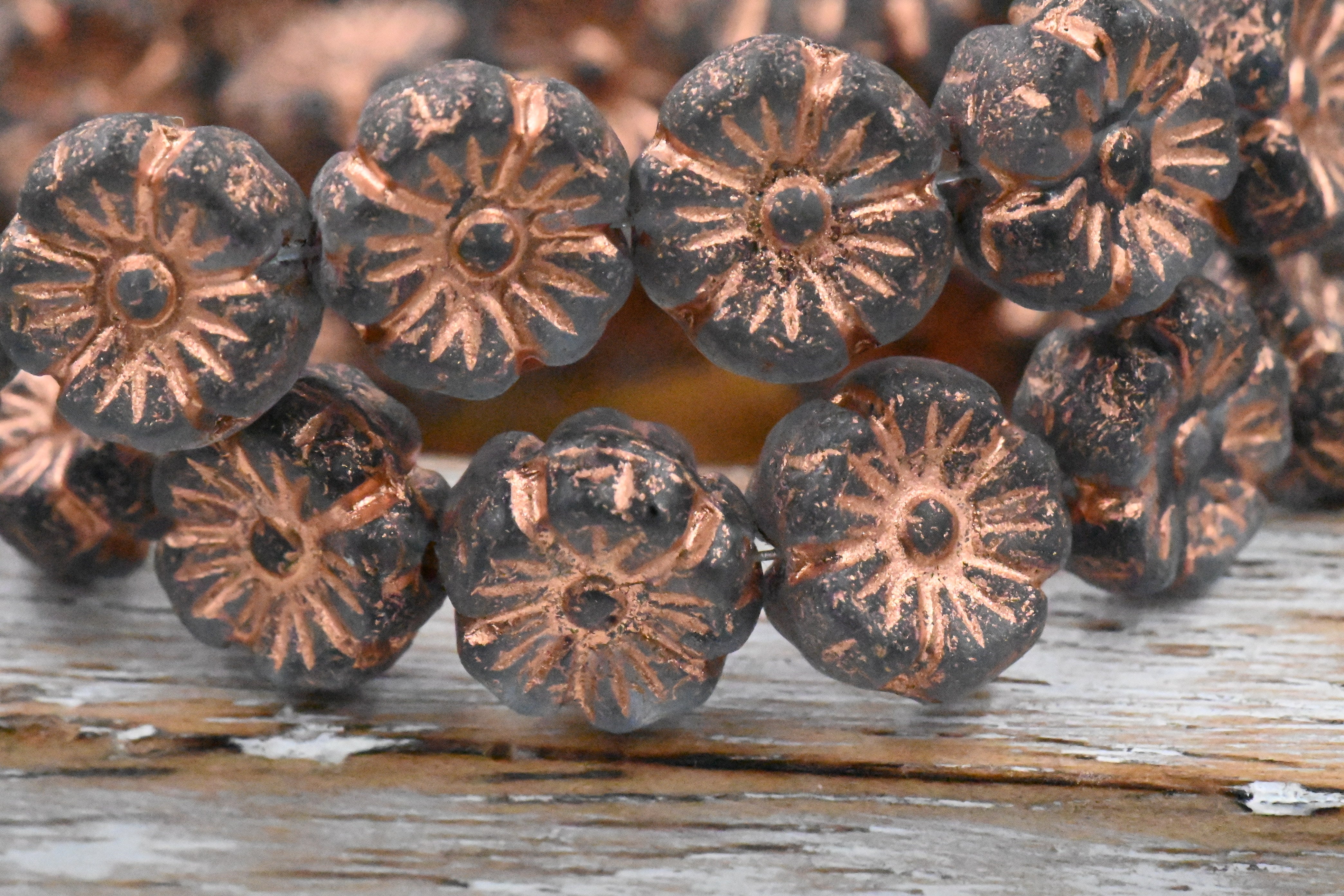 Czech Beads 9mm Hibiscus Flower Grey with an Etched Finish and a Copper Wash 8pc