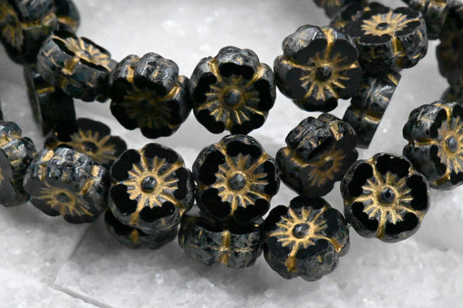 9mm Hibiscus Flower 16pc Black with a Picasso Finish and a Gold Wash Czech Glass Main Image