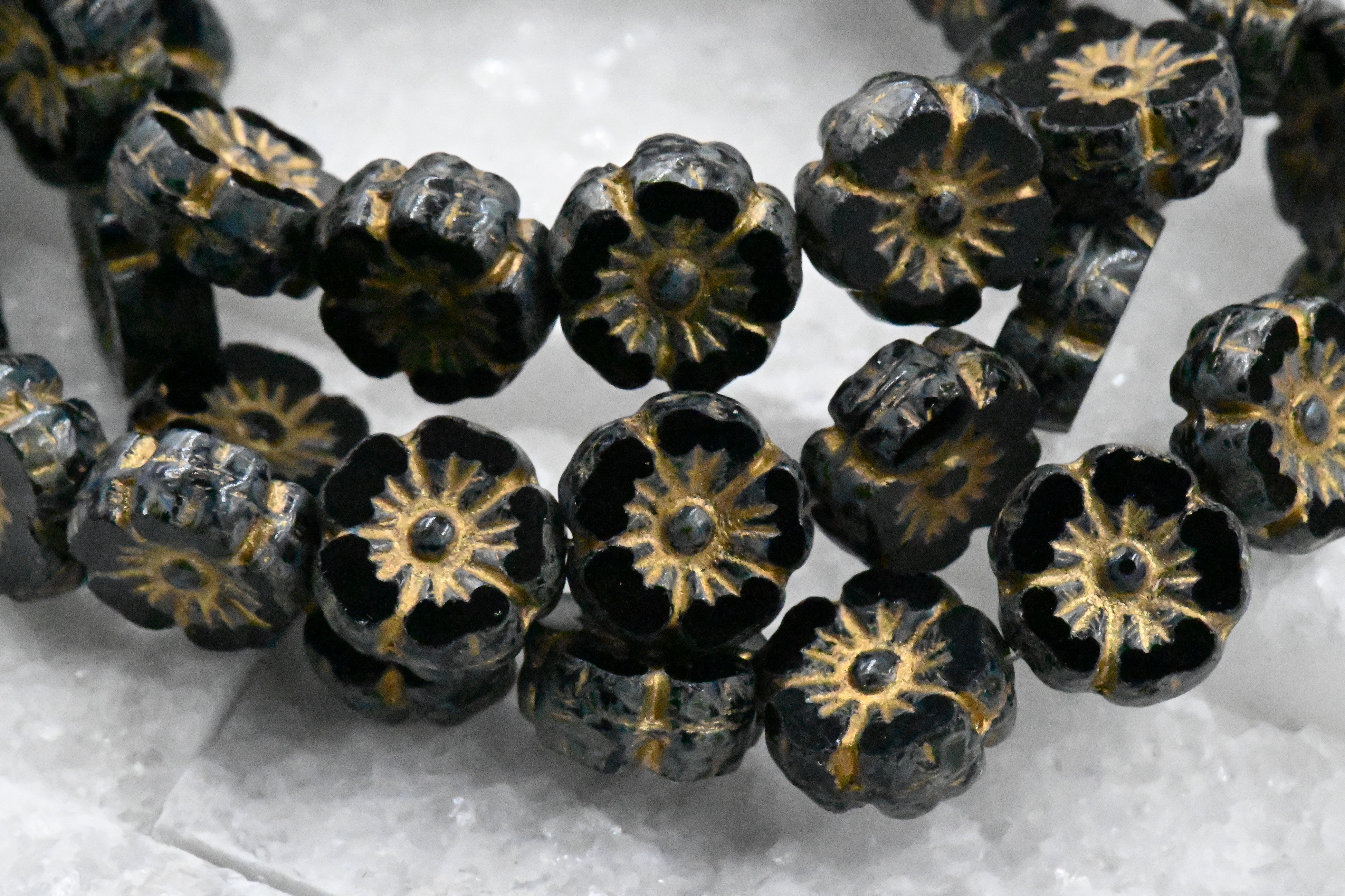 9mm Hibiscus Flower 8pc Black with a Picasso Finish and a Gold Wash Czech Glass