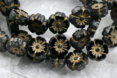 9mm Hibiscus Flower 16pc Black with a Picasso Finish and a Gold Wash Czech Glass