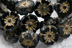 9mm Hibiscus Flower 8pc Black with a Picasso Finish and a Gold Wash Czech Glass