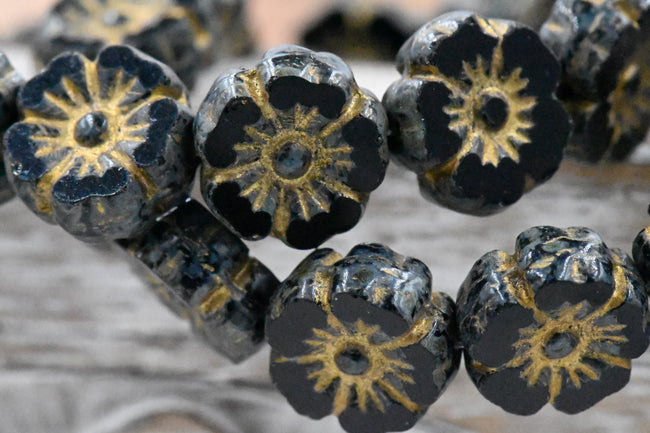 9mm Hibiscus Flower 16pc Black with a Picasso Finish and a Gold Wash Czech Glass Hover Image