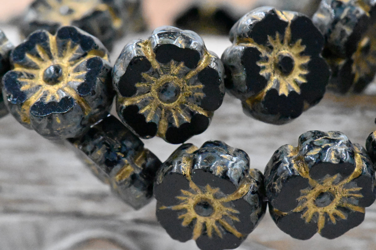 9mm Hibiscus Flower 16pc Black with a Picasso Finish and a Gold Wash Czech Glass