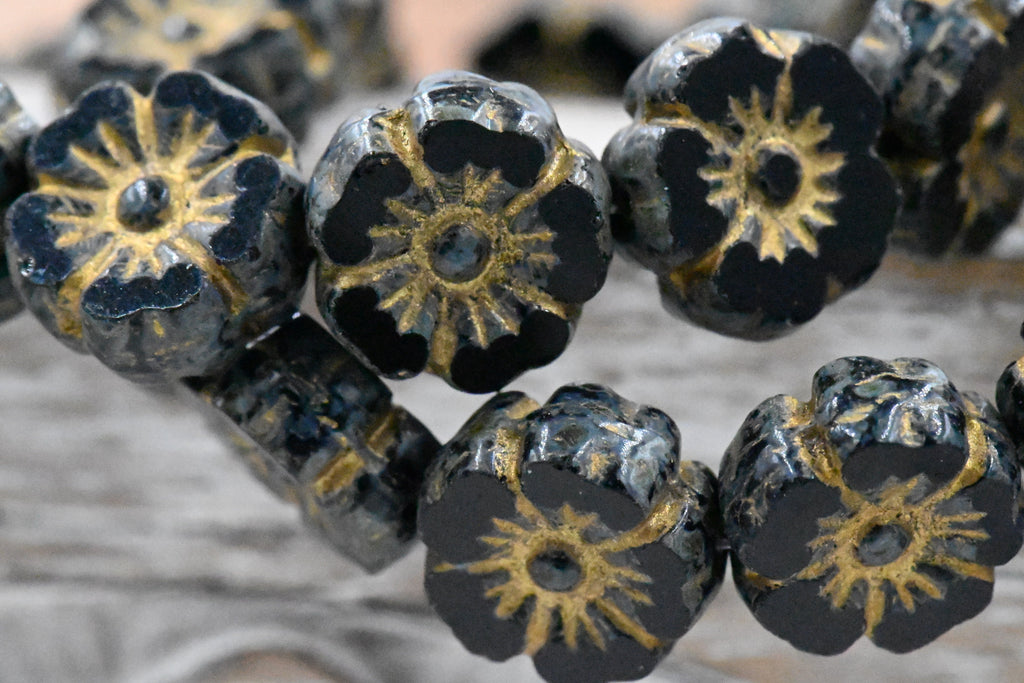 9mm Hibiscus Flower 8pc Black with a Picasso Finish and a Gold Wash Czech Glass