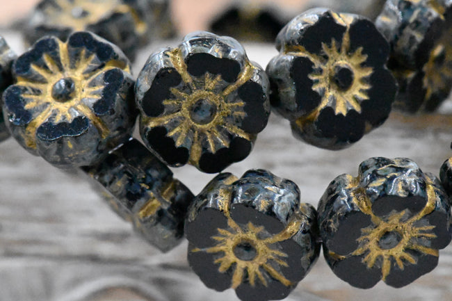9mm Hibiscus Flower 8pc Black with a Picasso Finish and a Gold Wash Czech Glass Main Image