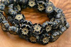 9mm Hibiscus Flower 16pc Black with a Picasso Finish and a Gold Wash Czech Glass
