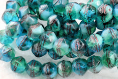 Czech 8mm English Cut Teal Blue and Red Wash, 20pc