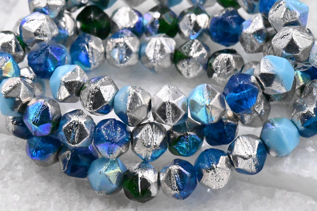 Czech 8mm English Cut Malibu Blue, Emerald, Baby Blue with AB and Silver Finishes. 10pc