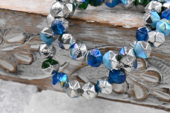 Czech 8mm English Cut Malibu Blue, Emerald, Baby Blue with AB and Silver Finishes. 10pc Main Image