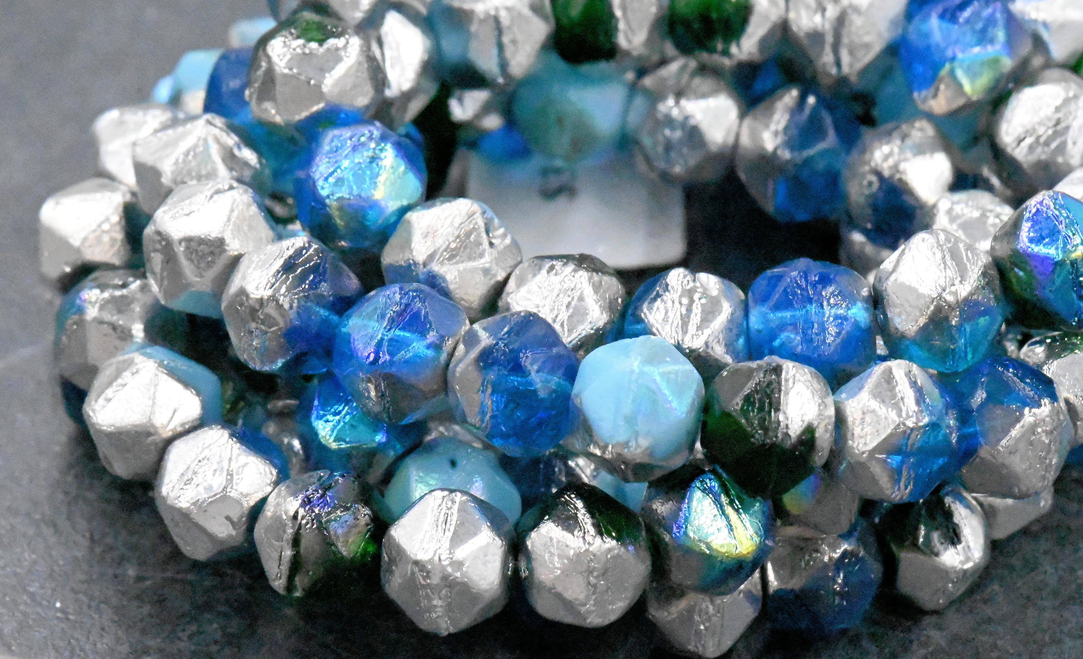 Czech 8mm English Cut Malibu Blue, Emerald, Baby Blue with AB and Silver Finishes. 20pc