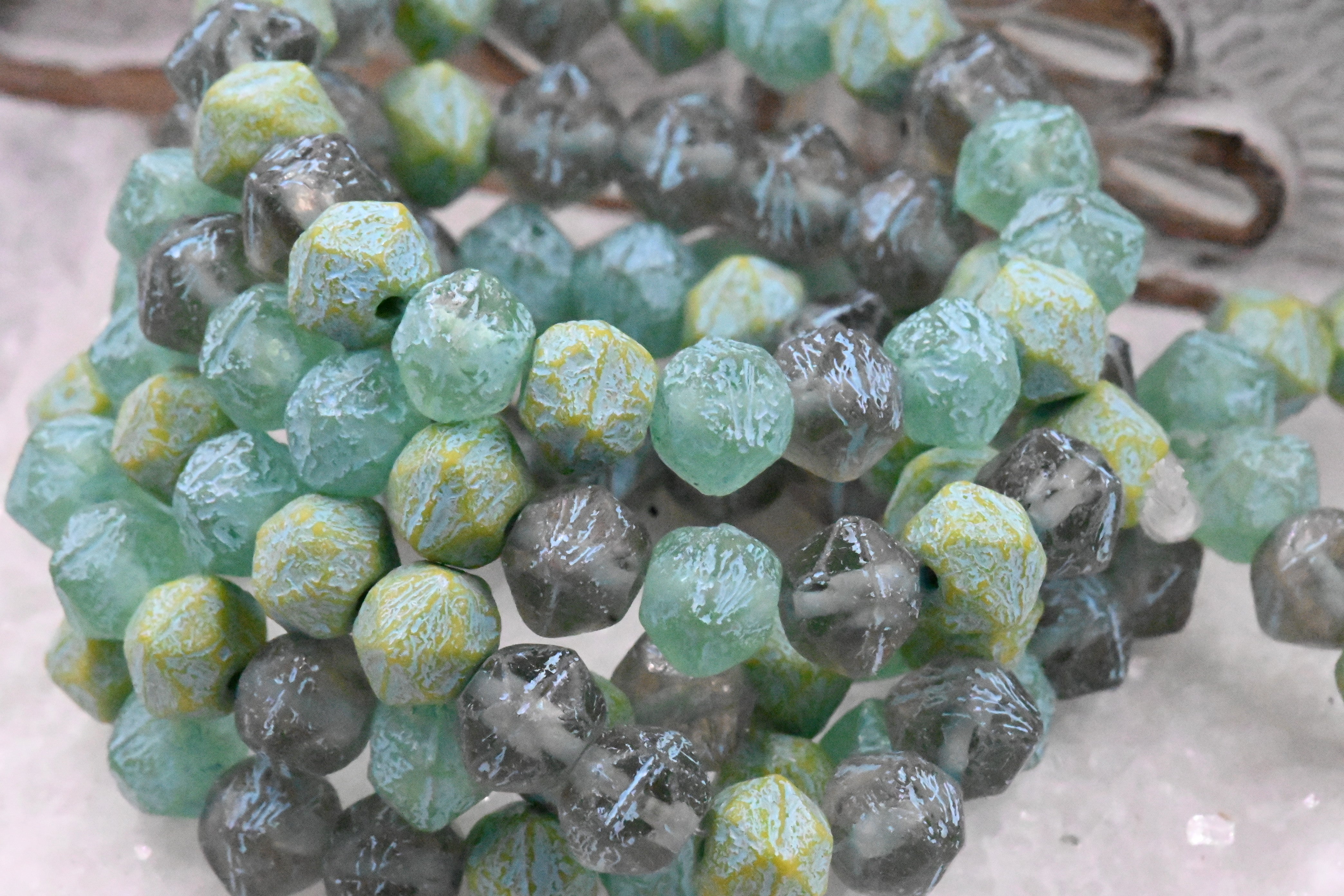 8mm Czech Glass  English Cut Bead Mix Yellow, Tea Green, and Pale Grey with Etched Finish and Turquoise Wash, 10pc