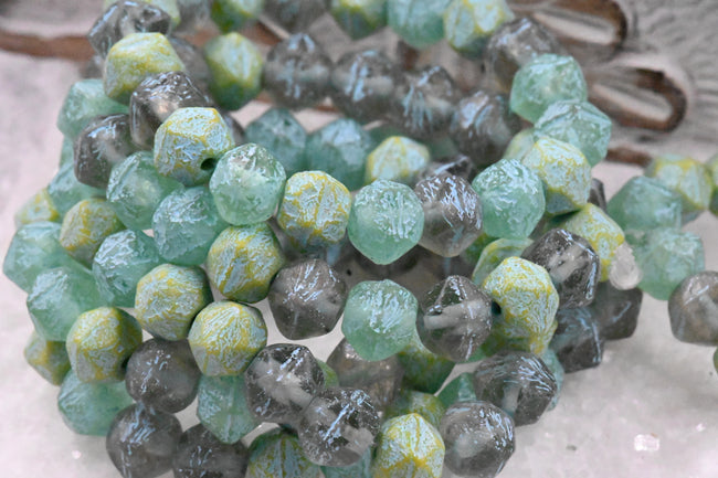 8mm Czech Glass  English Cut Bead Mix Yellow, Tea Green, and Pale Grey with Etched Finish and Turquoise Wash, 10pc Main Image