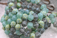 8mm Czech Glass  English Cut Bead Mix Yellow, Tea Green, and Pale Grey with Etched Finish and Turquoise Wash, 20pc