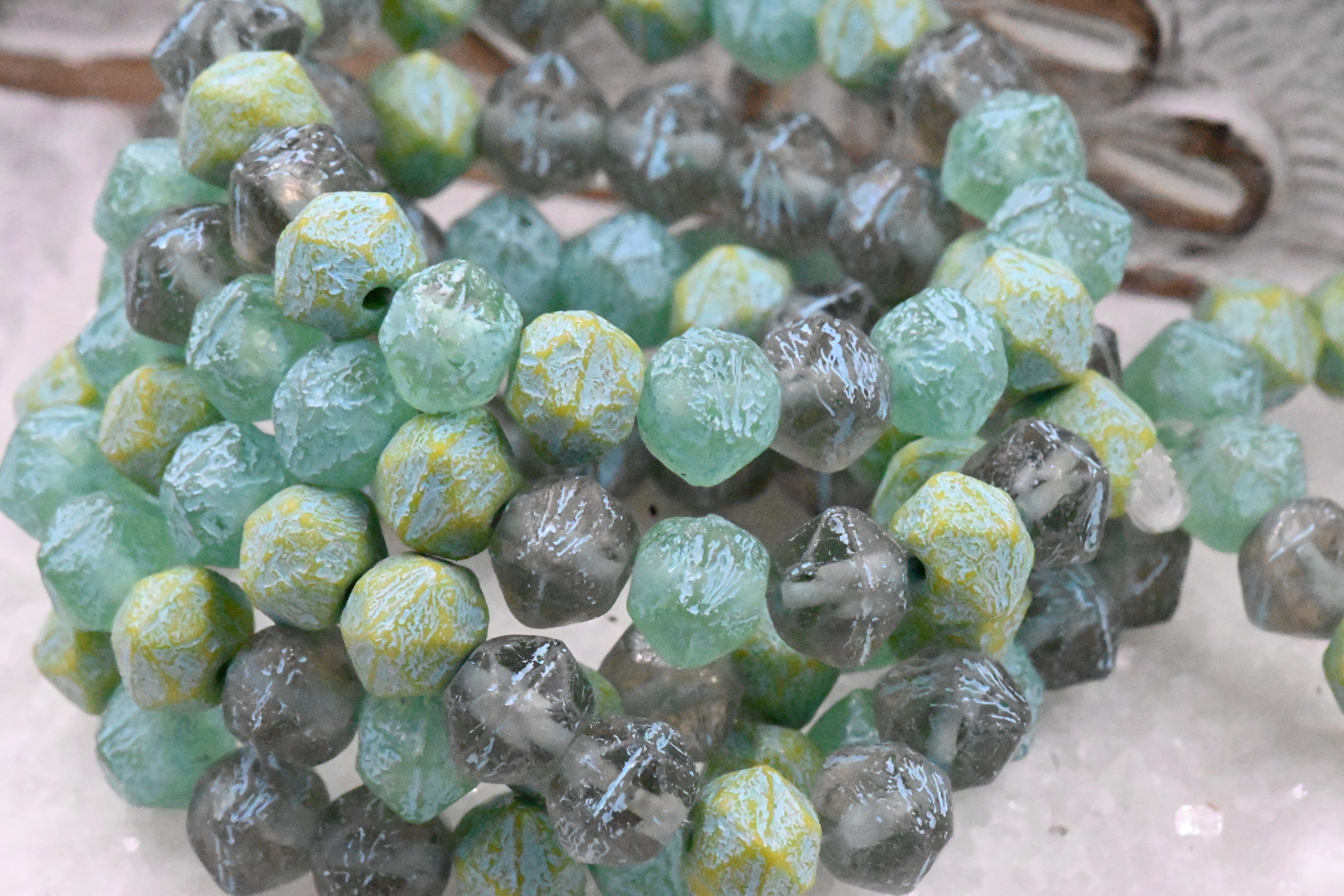 8mm Czech Glass  English Cut Bead Mix Yellow, Tea Green, and Pale Grey with Etched Finish and Turquoise Wash, 20pc