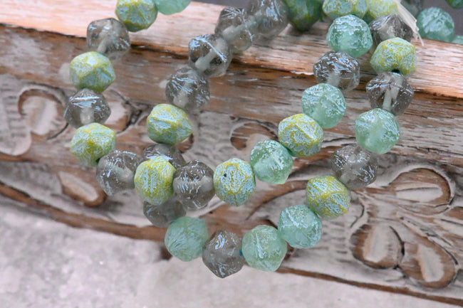 8mm Czech Glass  English Cut Bead Mix Yellow, Tea Green, and Pale Grey with Etched Finish and Turquoise Wash, 10pc Hover Image
