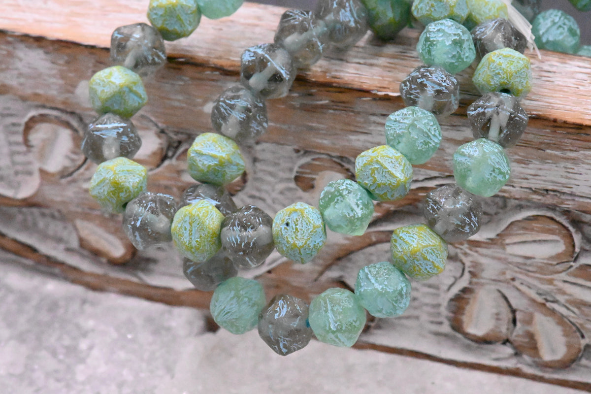 8mm Czech Glass  English Cut Bead Mix Yellow, Tea Green, and Pale Grey with Etched Finish and Turquoise Wash, 10pc