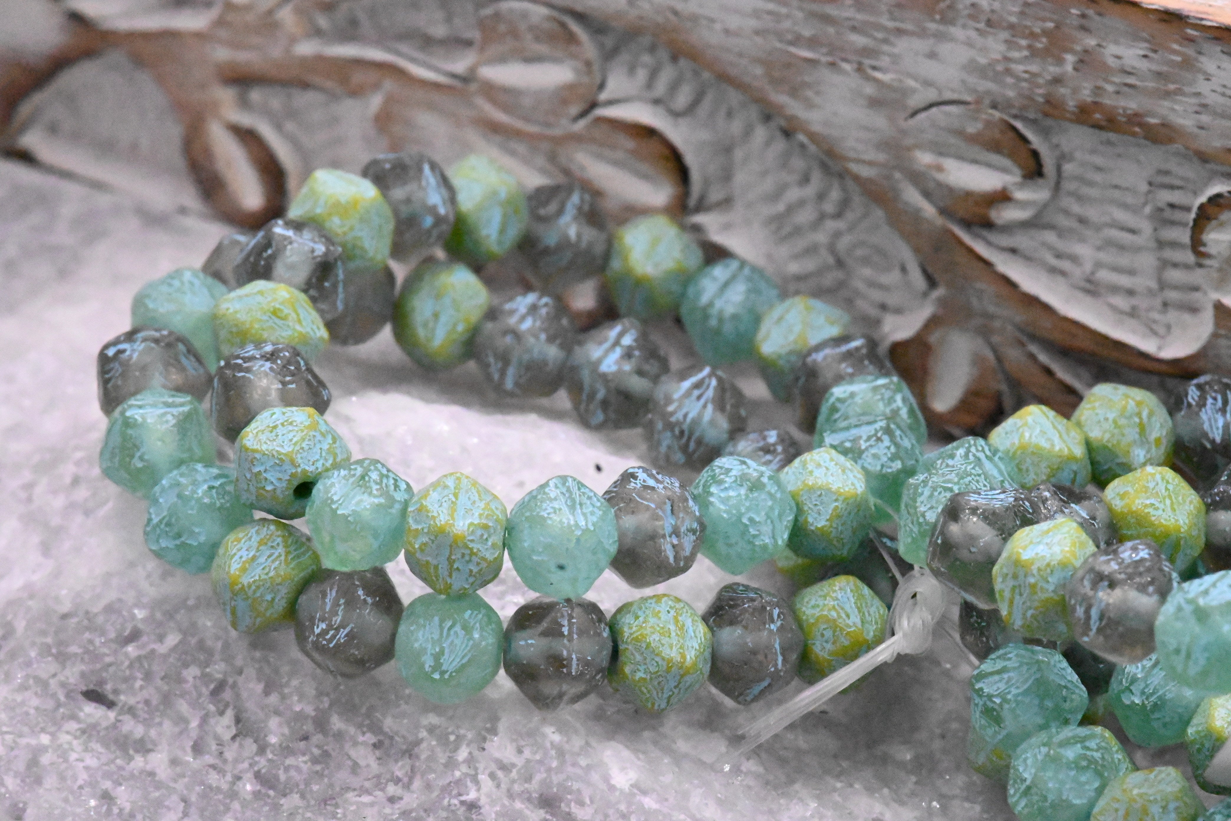 8mm Czech Glass  English Cut Bead Mix Yellow, Tea Green, and Pale Grey with Etched Finish and Turquoise Wash, 10pc