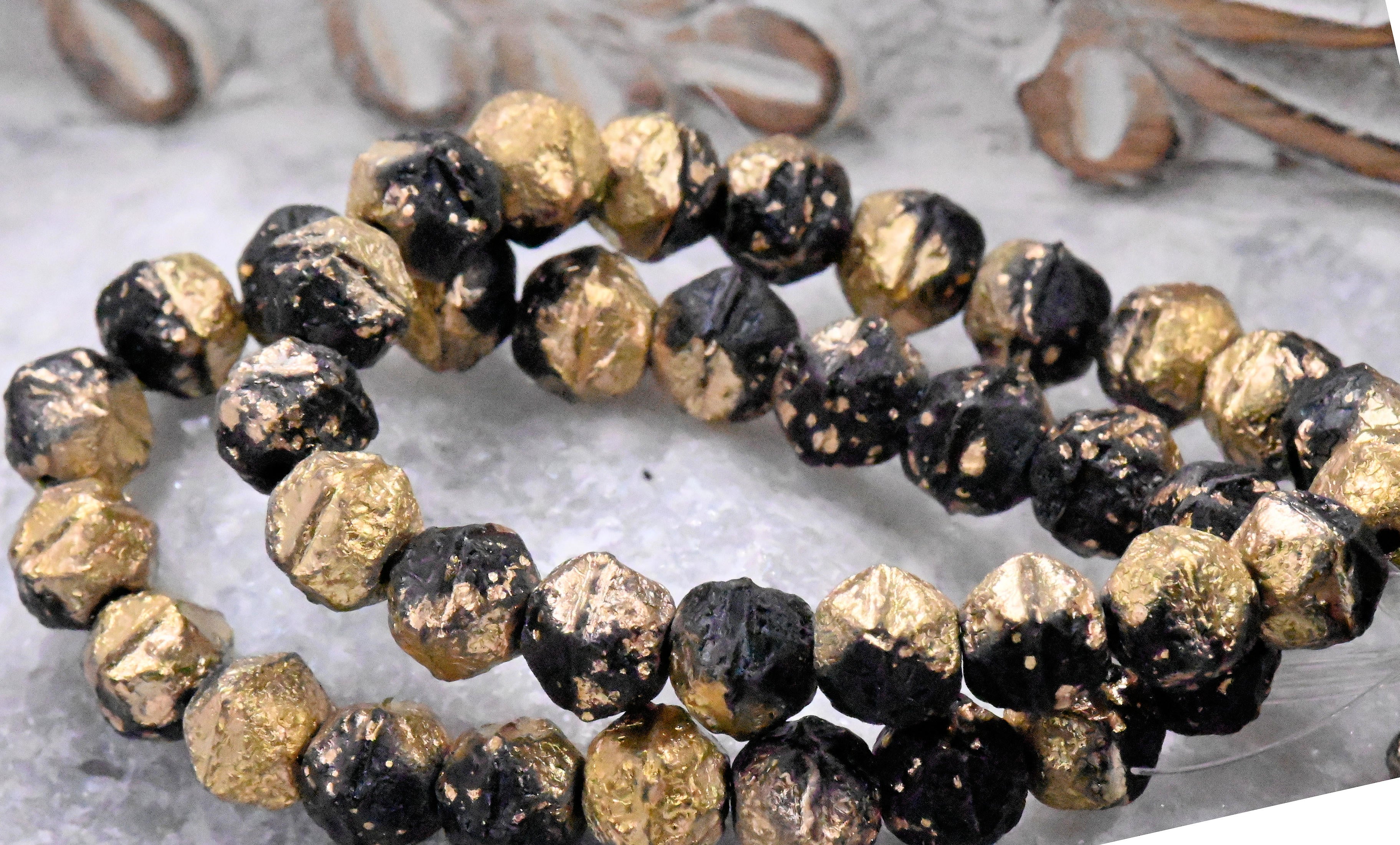 Czech 8mm English Cut Black with Etched and Gold Finishes. 20pc