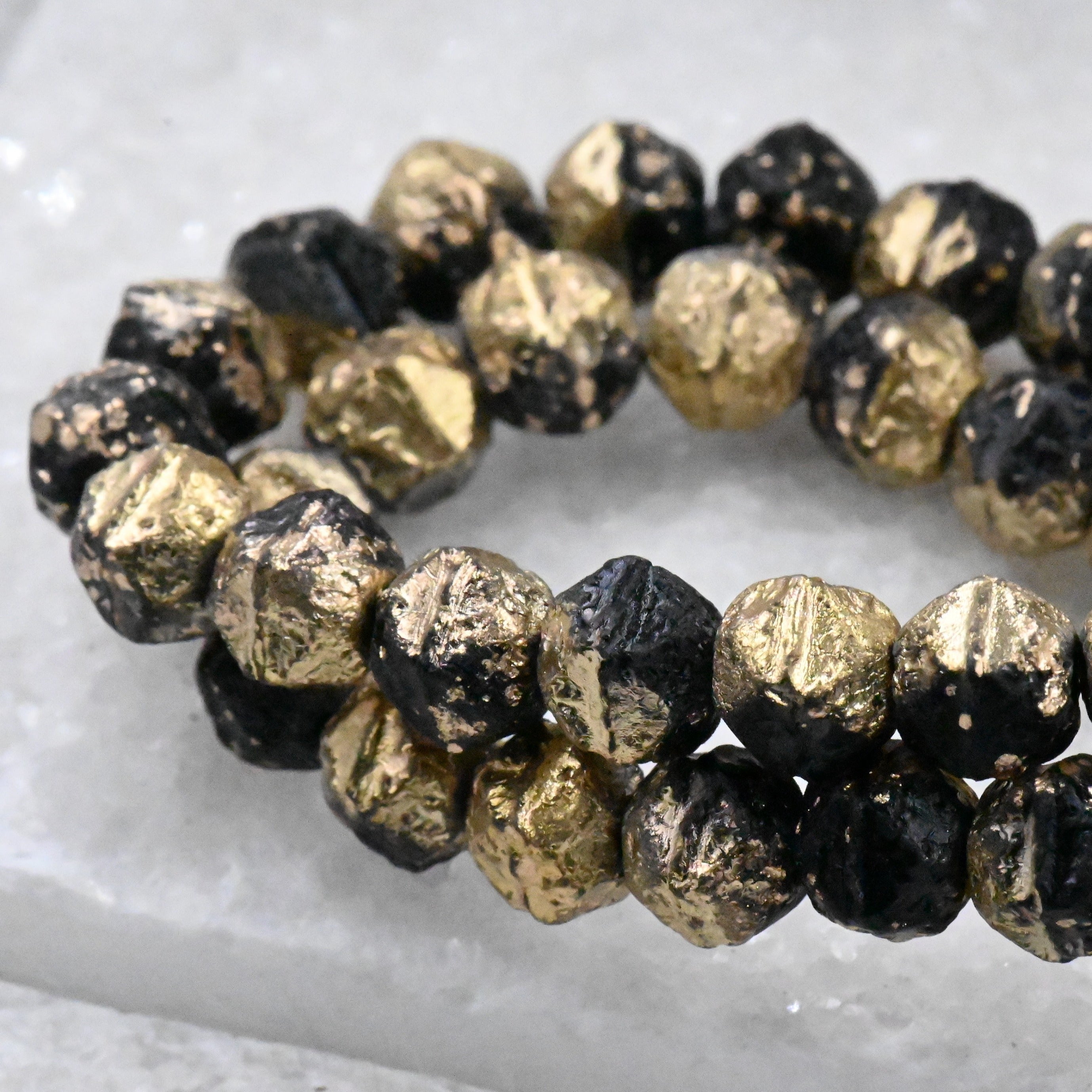 Czech 8mm English Cut Black with Etched and Gold Finishes. 10pc