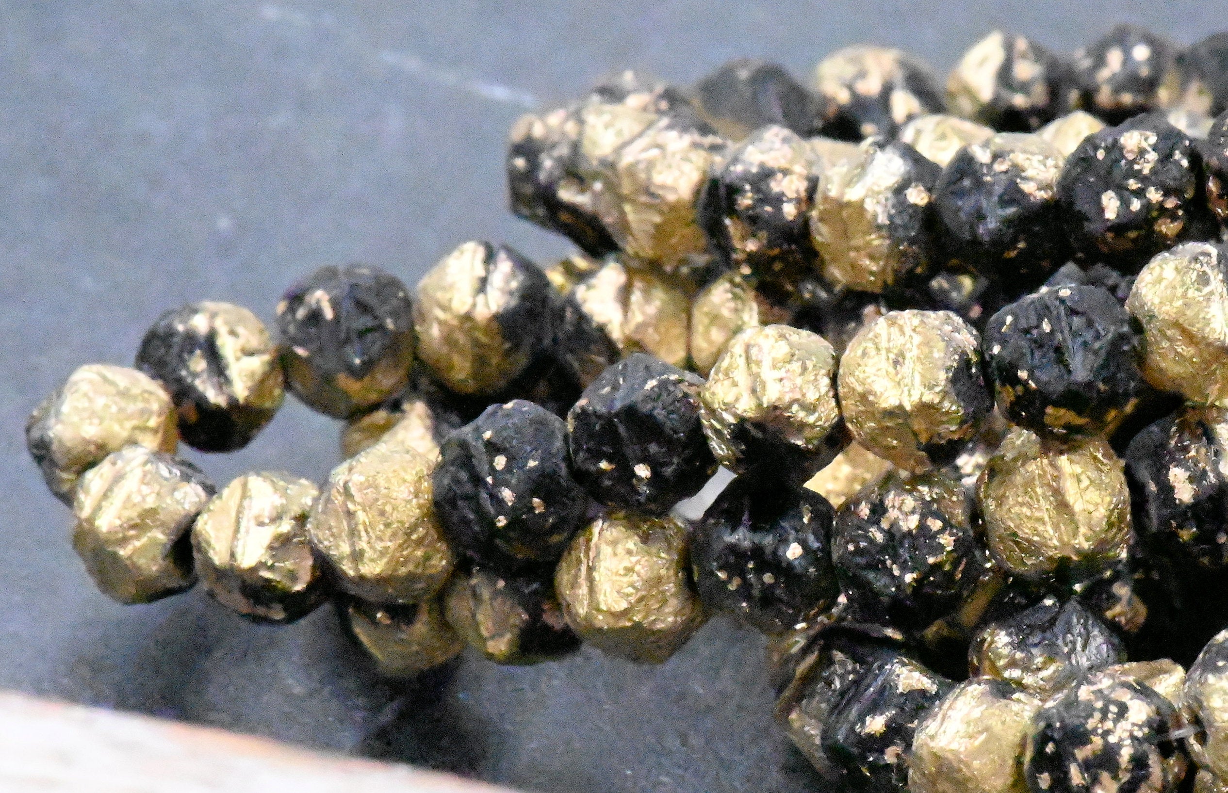 Czech 8mm English Cut Black with Etched and Gold Finishes. 20pc