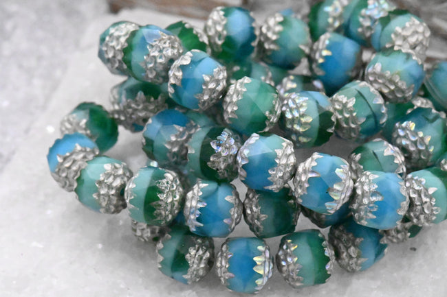Czech Beads 8mm Cathedral Sea Green, Green and Sky Blue with Antique Silver and AB Finishes, 15pc Hover Image