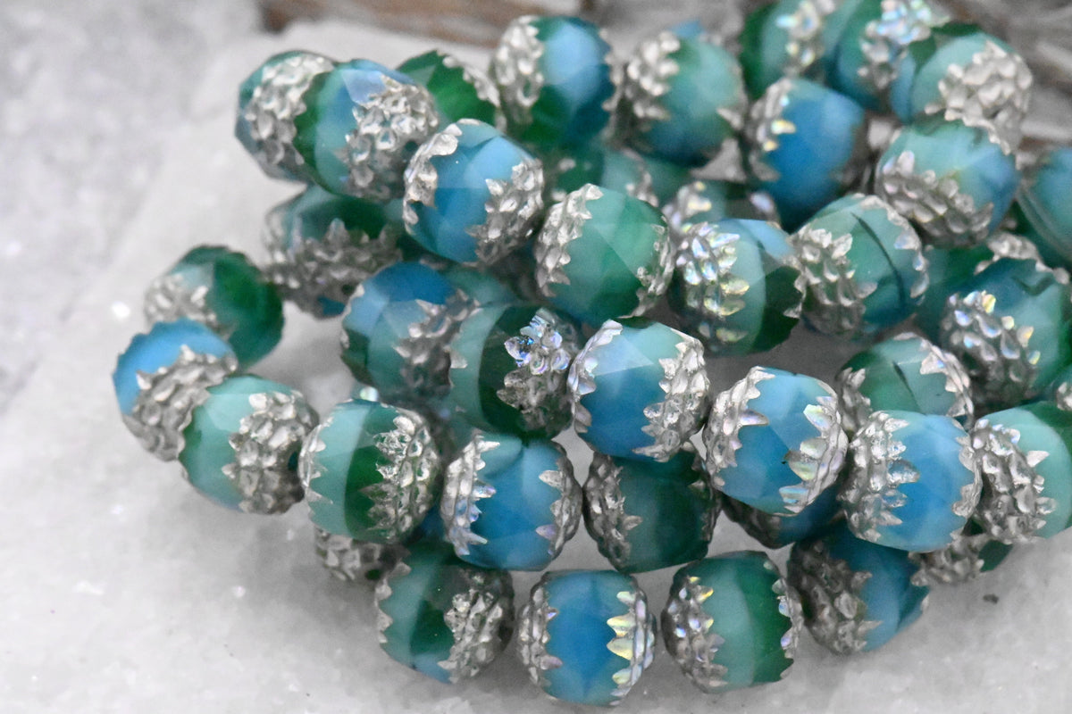 Czech Beads 8mm Cathedral Sea Green, Green and Sky Blue with Antique Silver and AB Finishes, 15pc