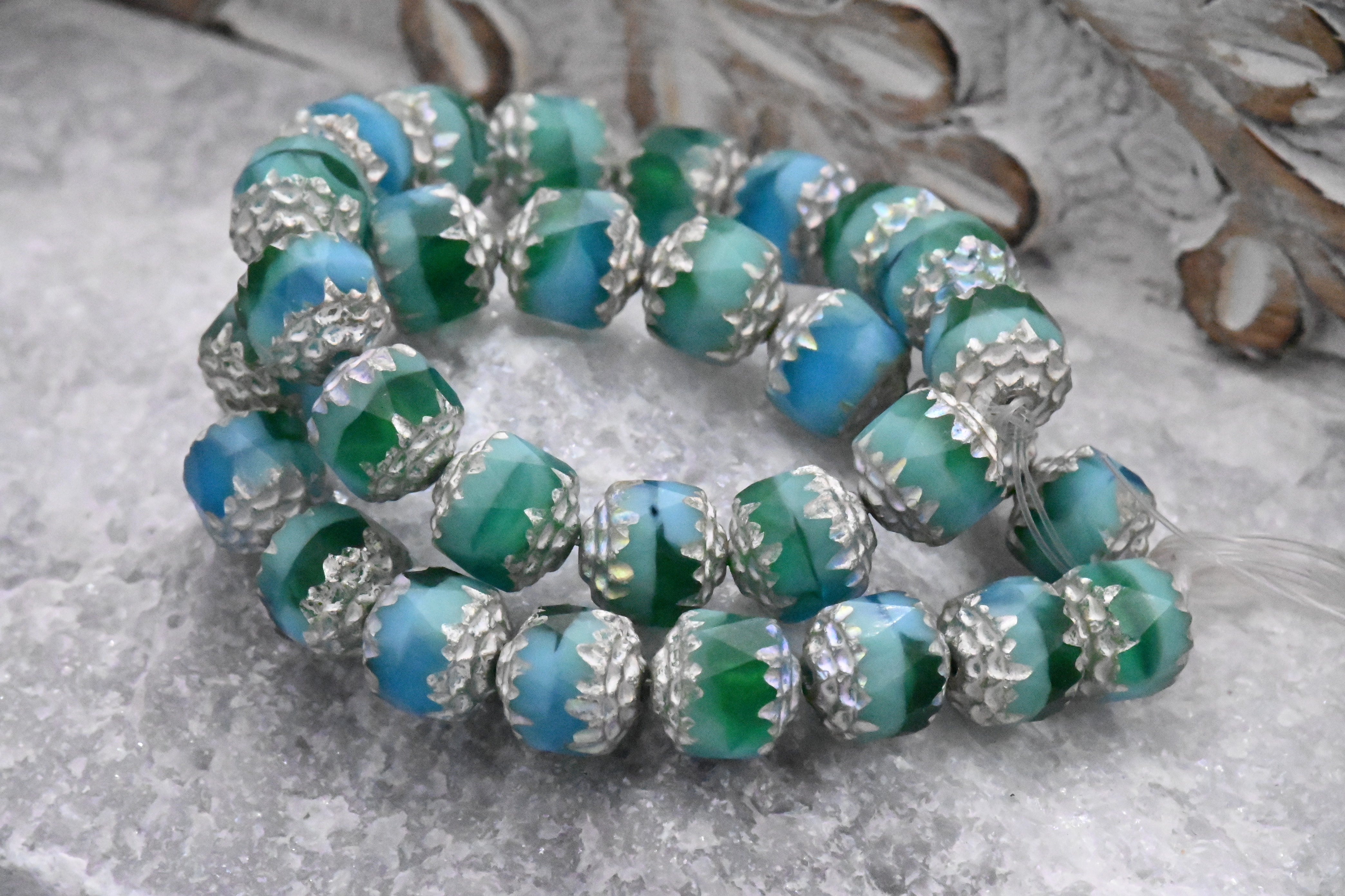 Czech Beads 8mm Cathedral Sea Green, Green and Sky Blue with Antique Silver and AB Finishes, 5pc