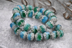 Czech Beads 8mm Cathedral Sea Green, Green and Sky Blue with Antique Silver and AB Finishes, 15pc