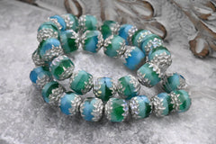 Czech Beads 8mm Cathedral Sea Green, Green and Sky Blue with Antique Silver and AB Finishes, 5pc